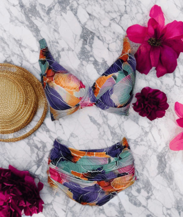 Γυναικείο μαγιό φλοραλ μωβ ψηλόμεσο Vintage Μαγιό μπικίνι φλοραλ μωβ Vintage 602