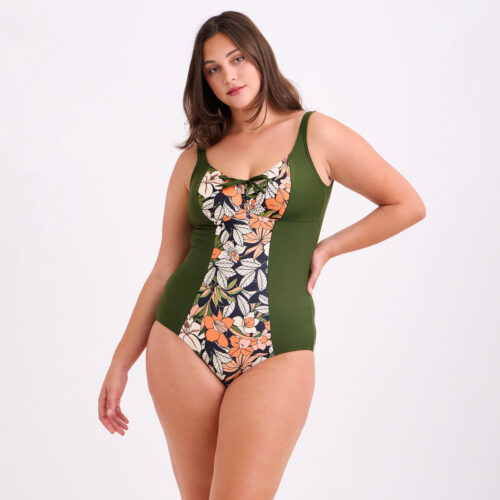 Ολόσωμο Μαγιό Olive Tropical με Floral Λεπτομέρεια